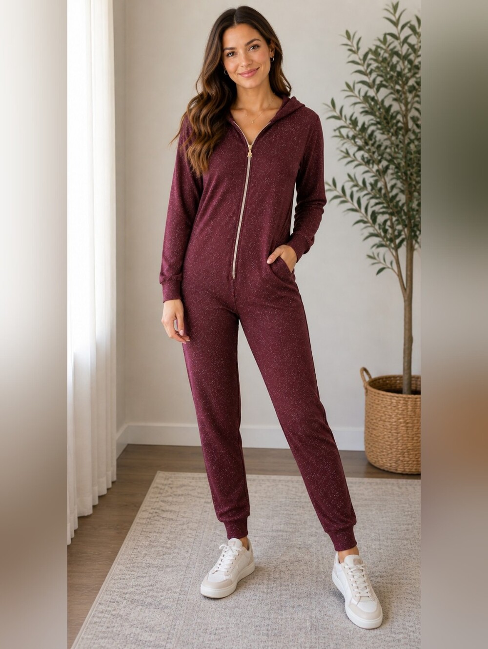 Savage X Fenty Burgundy Sparkle Hooded Jumpsuit
